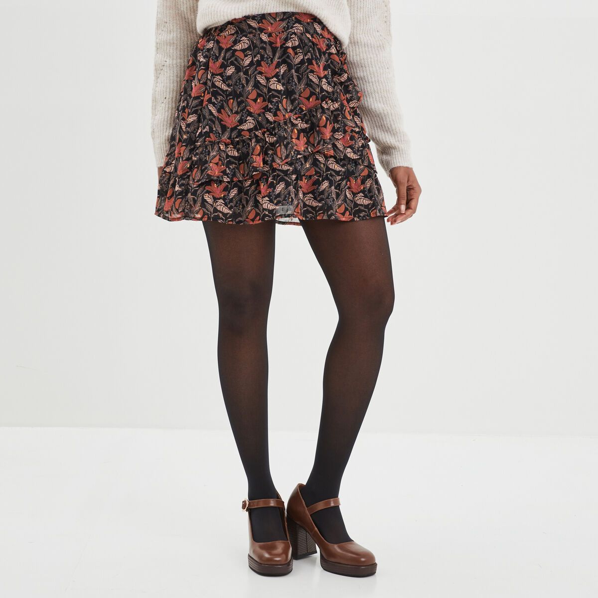 Jupe courte patineuse à volants camel femme