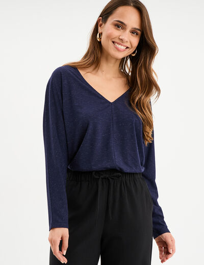 T-shirt col en V manches longues bleu marine femme