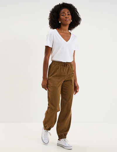 Pantalon molleton cargo droit cropped beige femme