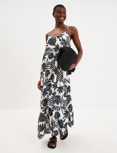 Robe longue &agrave; bretelles &eacute;vas&eacute;e coton ecru femme