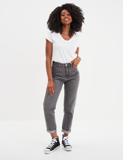 Jeans mom 7/8ème taille haute coton denim gris femme