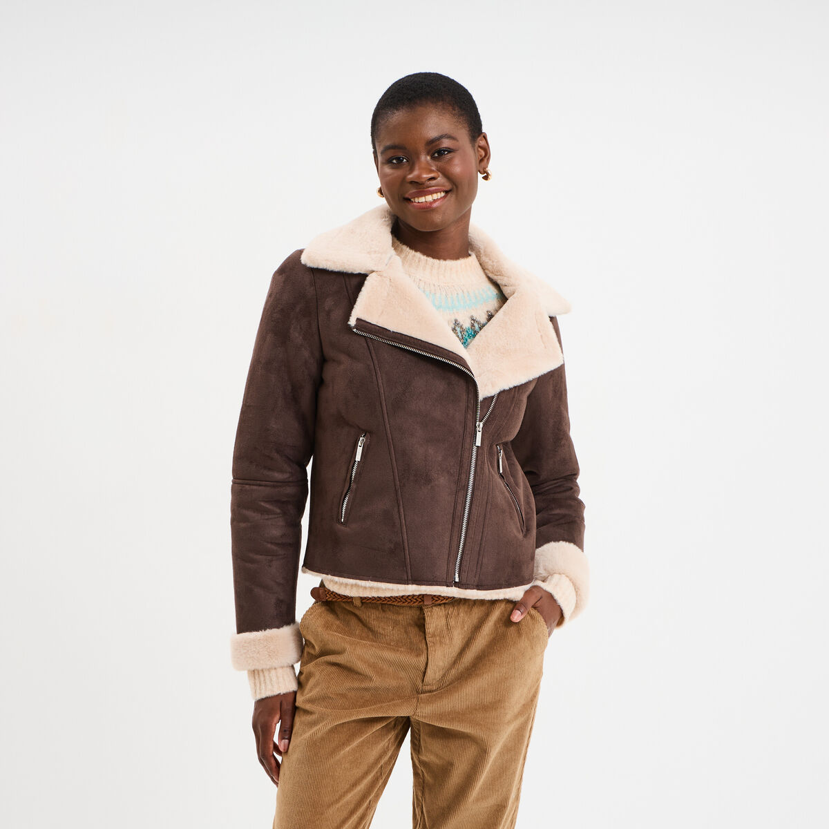 Veste col aviateur zipp&eacute;e doubl&eacute;e marron fonc&eacute; femme