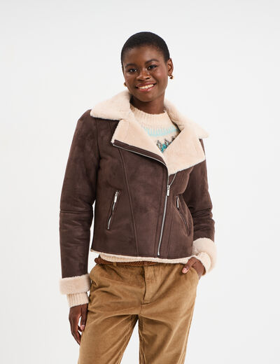 Veste col aviateur zipp&eacute;e doubl&eacute;e marron fonc&eacute; femme