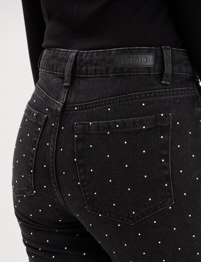 Jean droit &agrave; strass taille haute denim noir femme