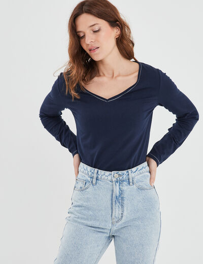 T-shirt manches longues col en V coton bleu marine femme