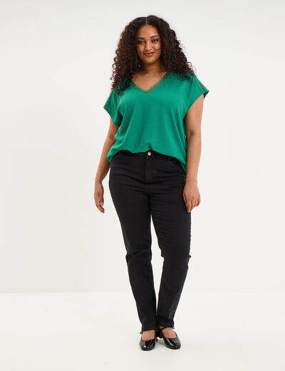 T-shirt bandes dentelle col en V vert canard femme grande taille