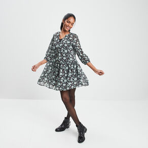 Robe droite fluide manches 3/4 noir femme