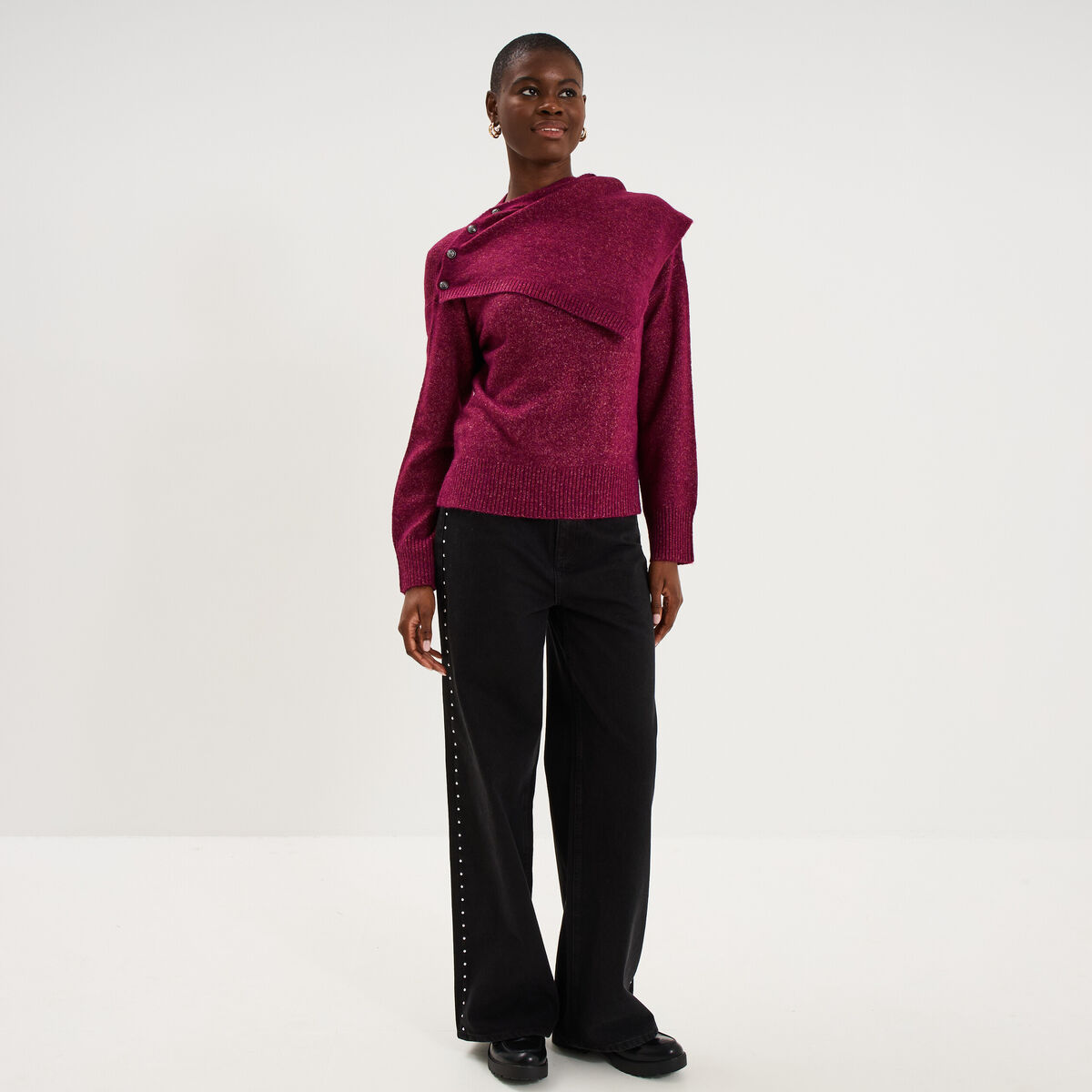 Pull col rond &eacute;charpe amovible rouge fonc&eacute; femme
