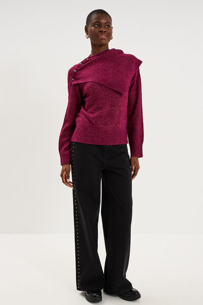 Pull col rond &eacute;charpe amovible rouge fonc&eacute; femme