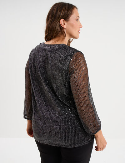 Blouse manches 3/4 pliss&eacute;e paillettes noir femme grande taille