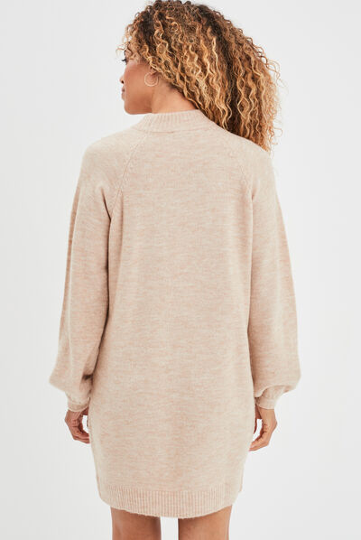 Robe pull à perles manches ballons sable femme