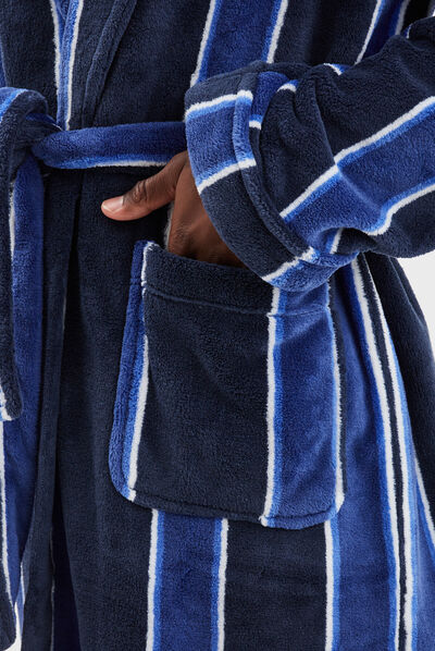 Peignoir rayures velours ceinturé bleu marine homme