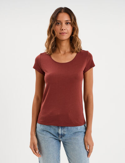 T-shirt coton col rond manches courtes marron cognac femme