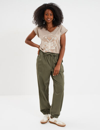 T-shirt coton col en V manches courtes vert kaki femme