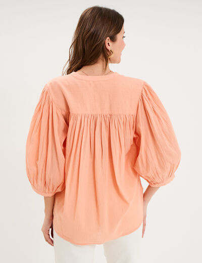Blouse fluide oversize manches 3/4 coton rose saumon femme