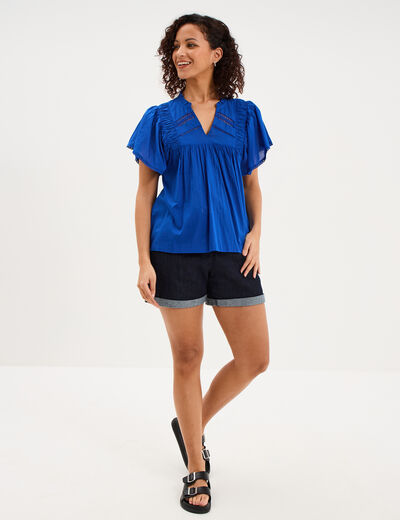 Blouse fluide l&eacute;g&egrave;re avec volants coton bleu electrique femme