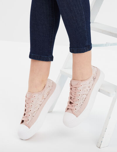 Tennis en toile dentelle &agrave; lacets rose femme