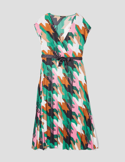 Robe longue évasée plissée et ceinturée ecru femme