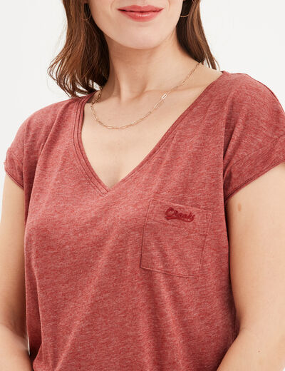 T-shirt col v poche poitrine Creeks rouge foncé femme