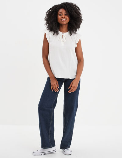 Blouse manches courtes à volants coton blanc femme