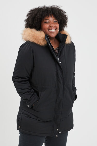 Parka à capuche bordure fourrure noir femme grande taille