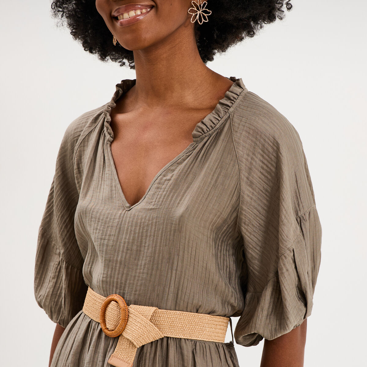 Robe longue &agrave; volants et ceinture vert kaki femme