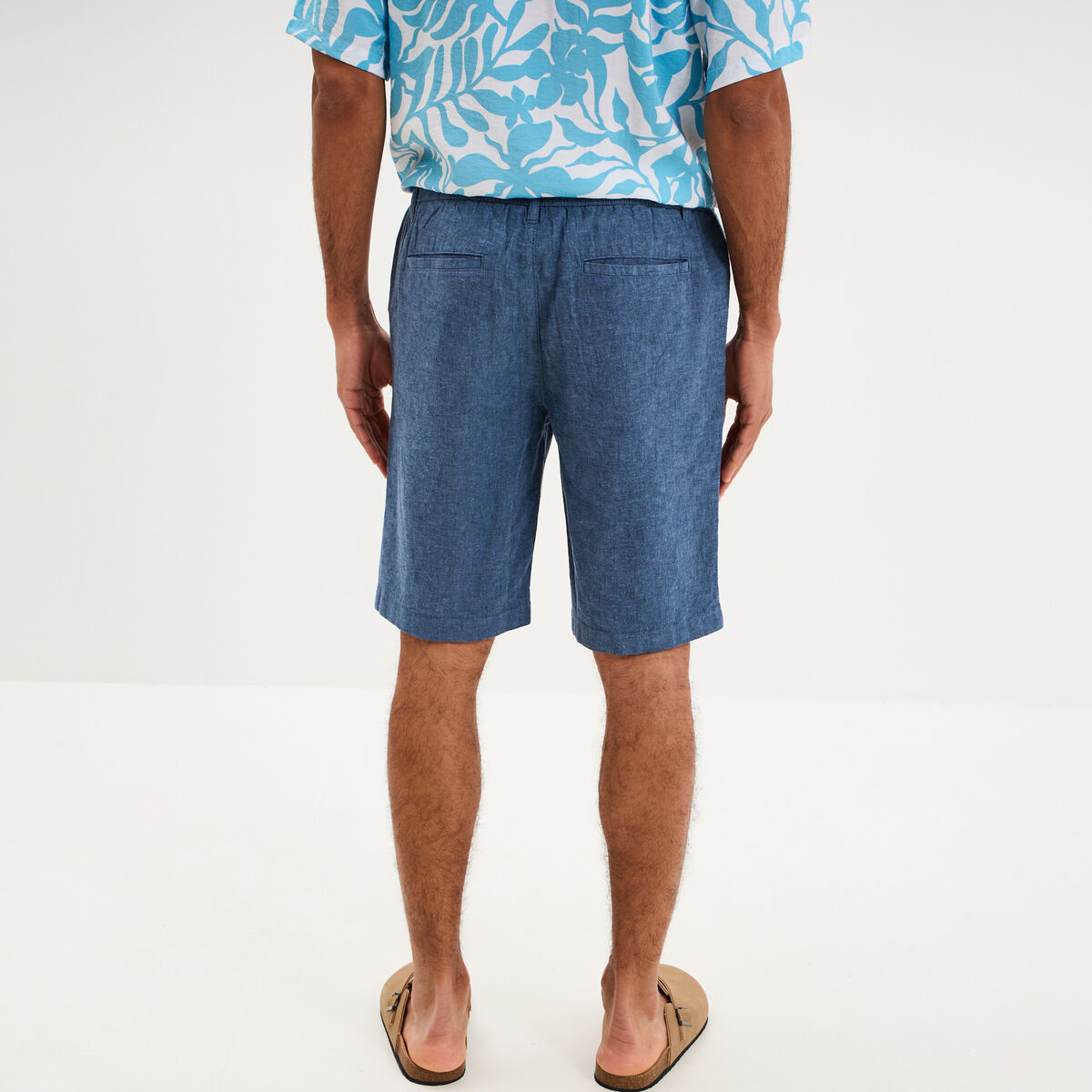 Bermuda chino &agrave; coulisse lin m&eacute;lang&eacute; bleu homme