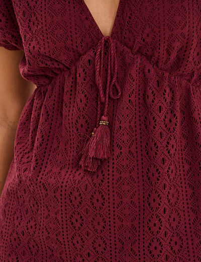 T-shirt dentelle col en V noeud bordeaux femme