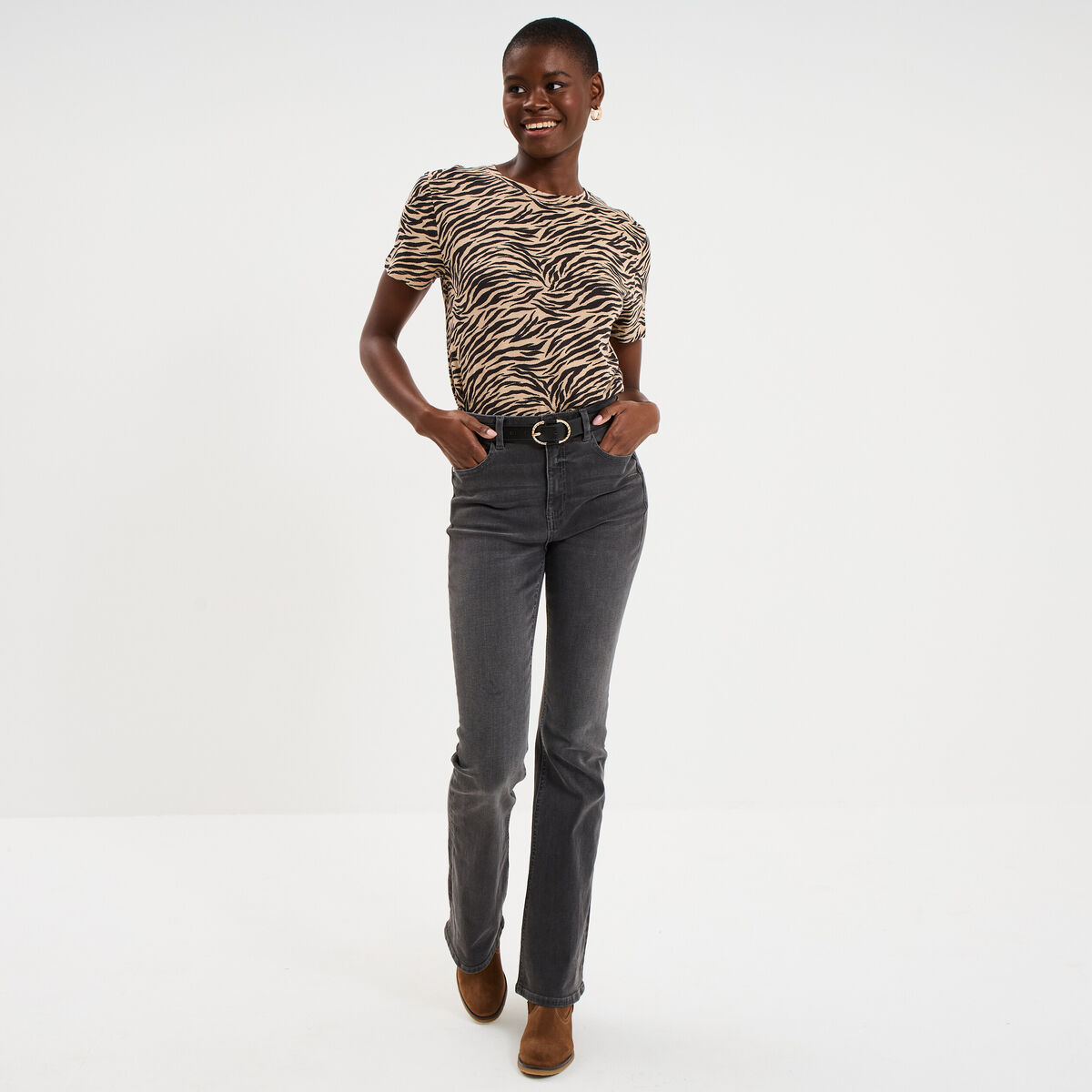 T-shirt coton col rond manches courtes beige moyen femme