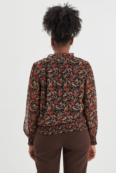 Blouse manches longues col montant camel femme