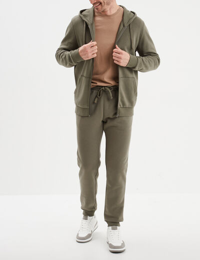 Sweat zippé molleton à capuche vert kaki homme