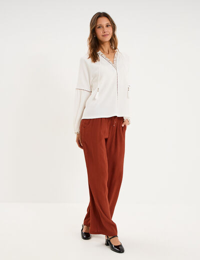 Pantalon effet cr&ecirc;pe taille &eacute;lastiqu&eacute;e marron femme