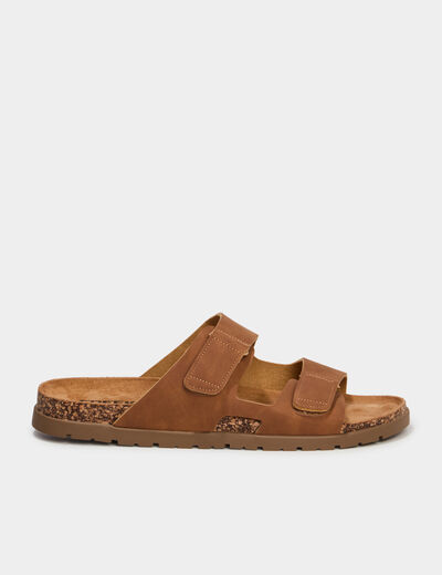 Mules double brides &agrave; scratchs marron clair homme