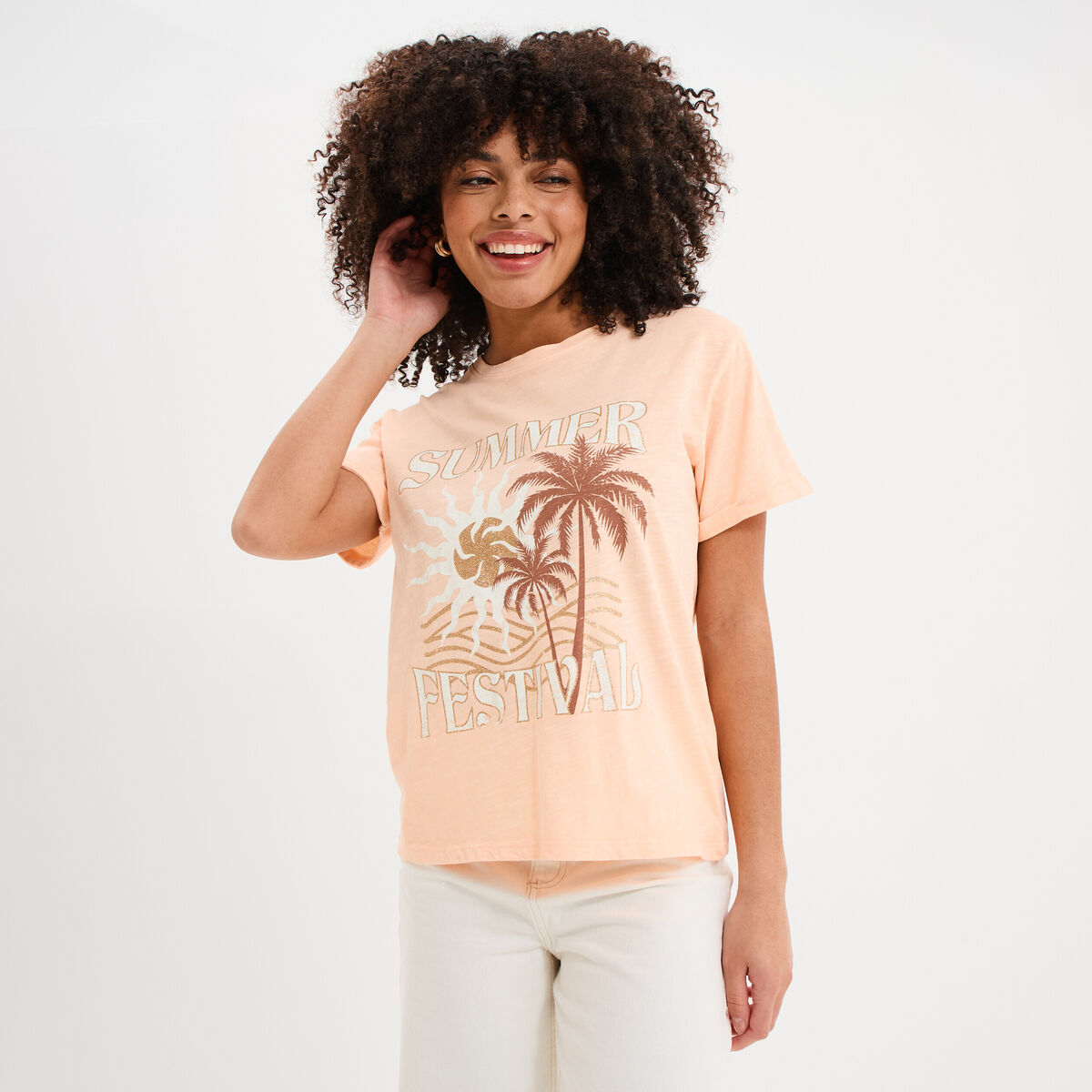 T-shirt manches courtes coton orange fluo femme