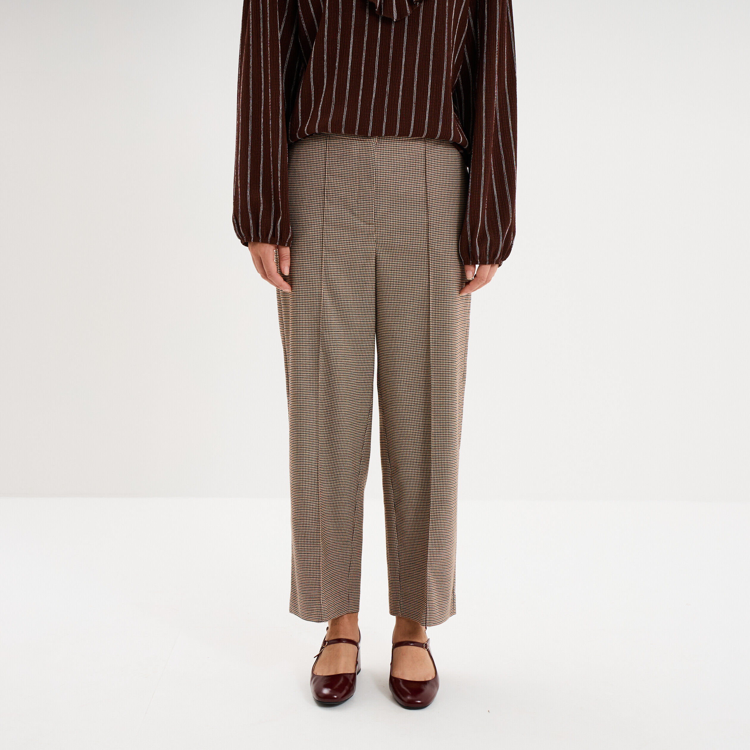 Pantalon droit cropped taille haute marron femme