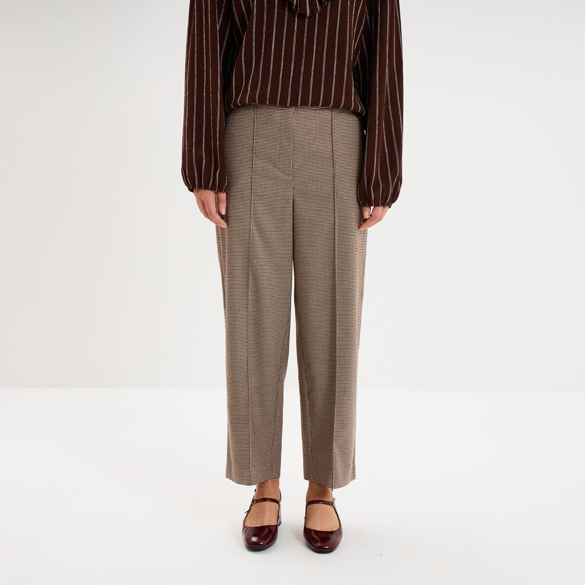Pantalon droit cropped taille haute marron femme
