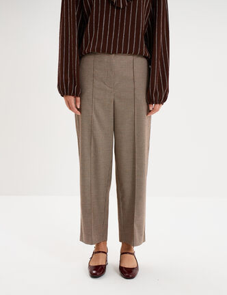 Pantalon droit cropped taille haute marron femme