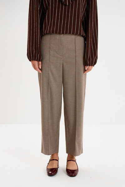 Pantalon droit cropped taille haute marron femme