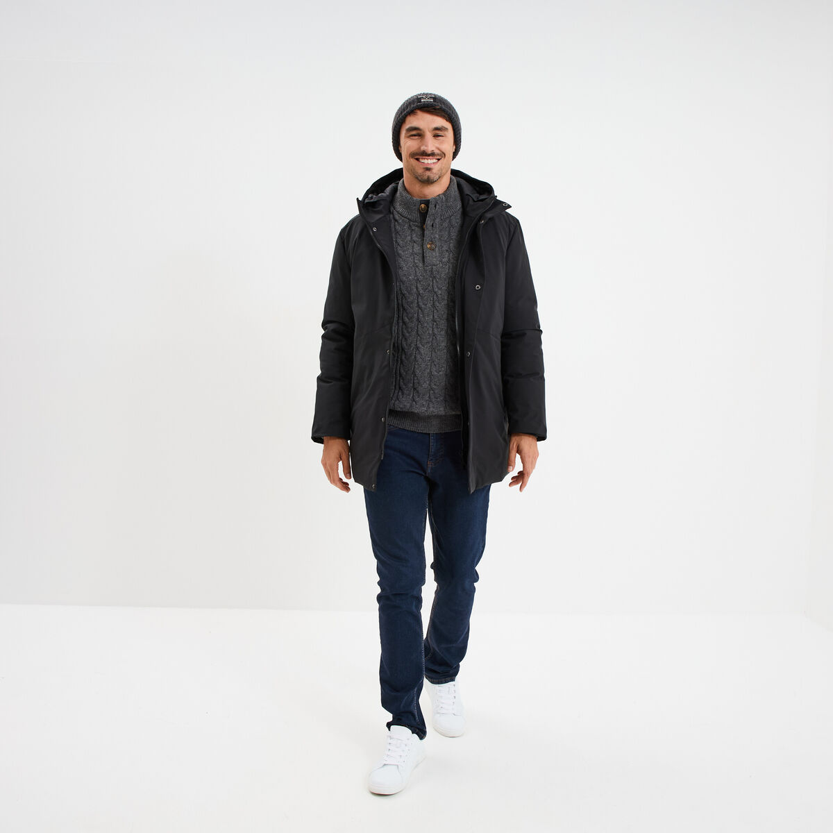 Pull col montant boutonn&eacute; et torsades gris fonc&eacute; homme