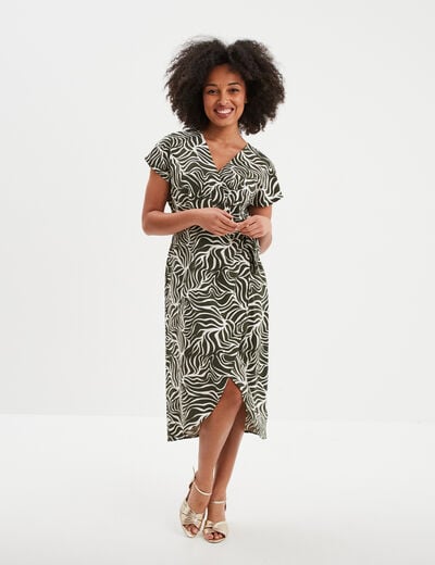 Robe portefeuille longue manches courtes vert kaki femme