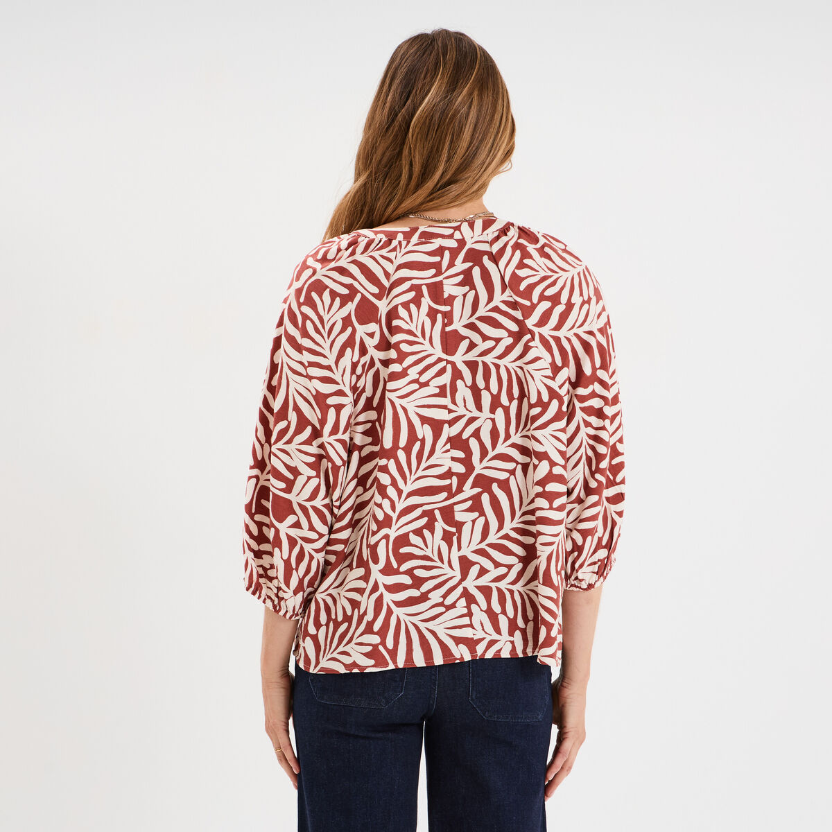 Blouse manches 3/4 ballons col tunisien terracotta femme