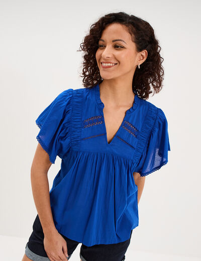 Blouse fluide l&eacute;g&egrave;re avec volants coton bleu electrique femme