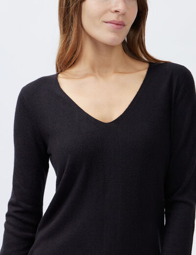 Pull col V manches longues noir femme