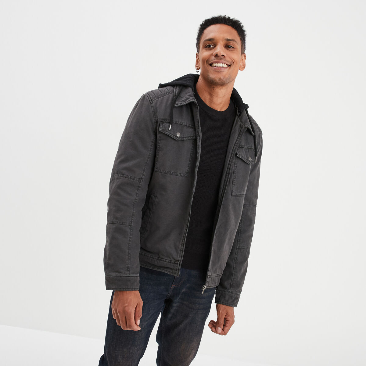 Veste à capuche amovible coton Trappeur gris foncé homme