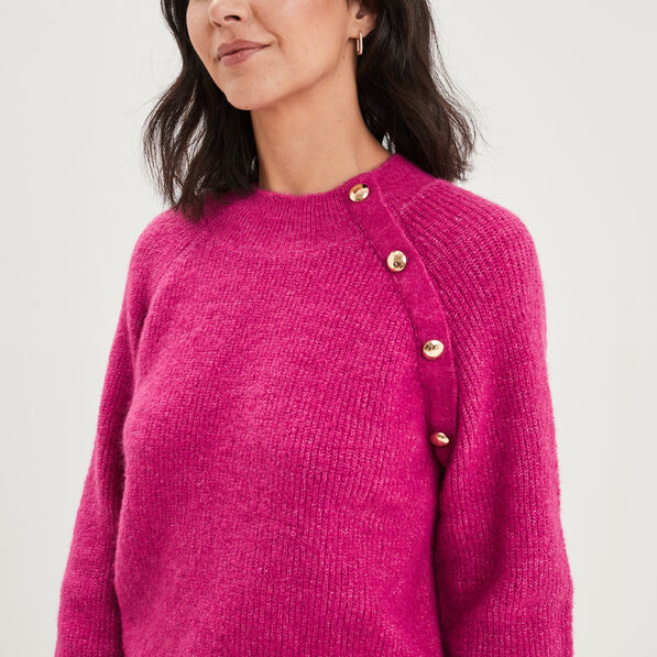 Pull col rond avec boutons rose fushia femme