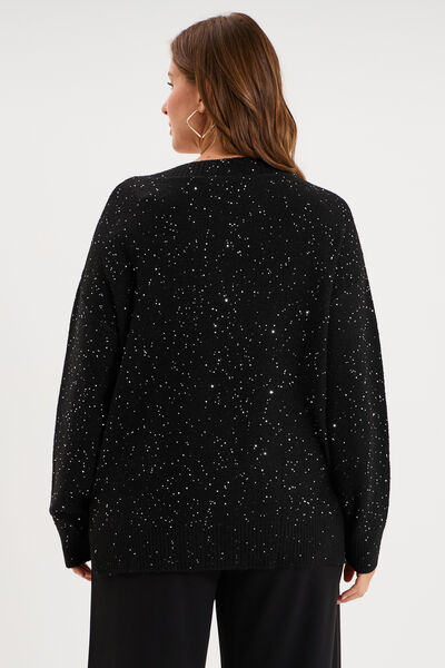 Pull droit sequins col V manches longues noir femme grande taille