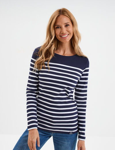 T-shirt marini&egrave;re manches longues coton bleu marine femme