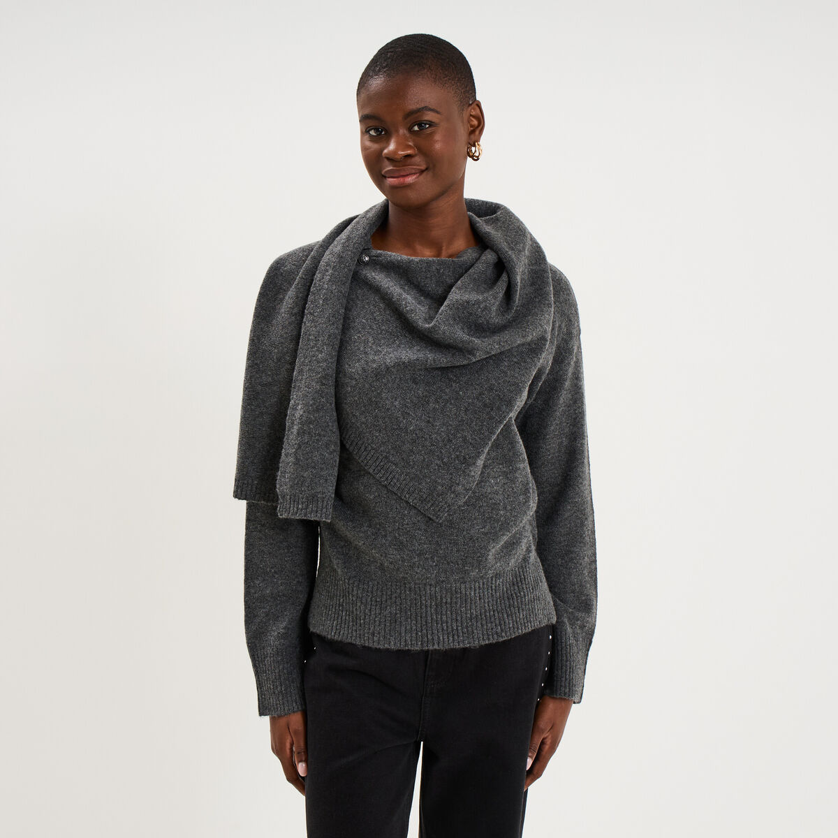 Pull col rond &eacute;charpe amovible gris fonc&eacute; femme