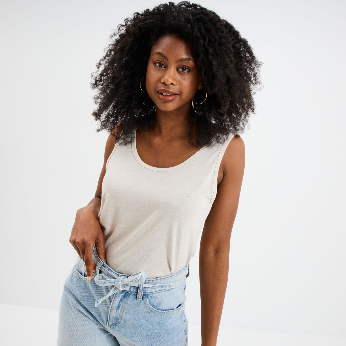 Débardeur col rond lin mélangé gris clair femme