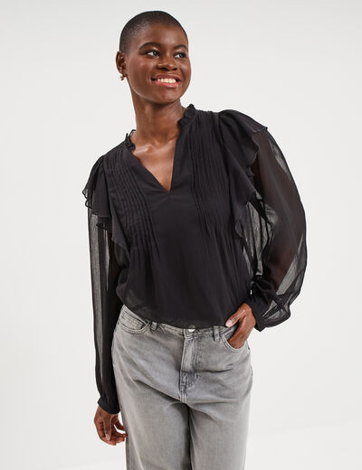 Blouse volants &eacute;paules et col noir femme